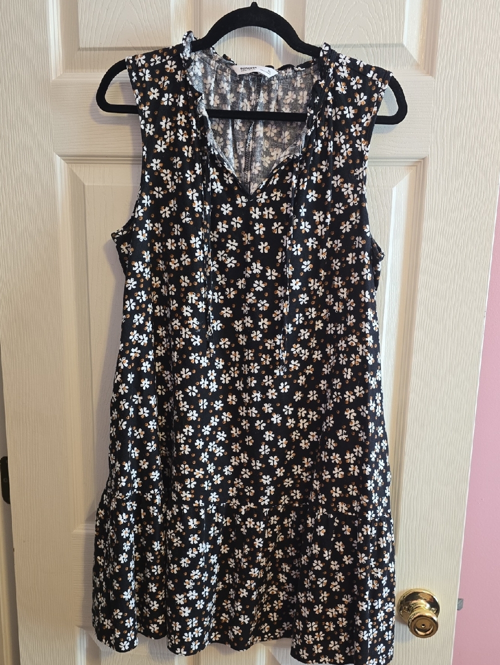 Sonoma Linen Blend Black Mini Dress with White Floral Print